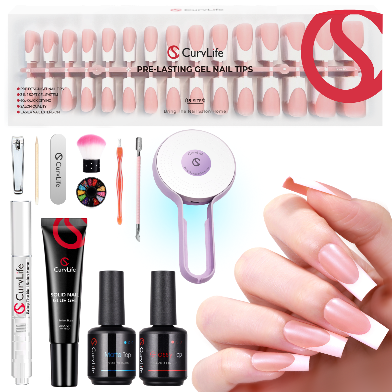 French Tip Kit -  Gel Top and Base Coat. UV Lamp Nails Glue Manicure press on nails