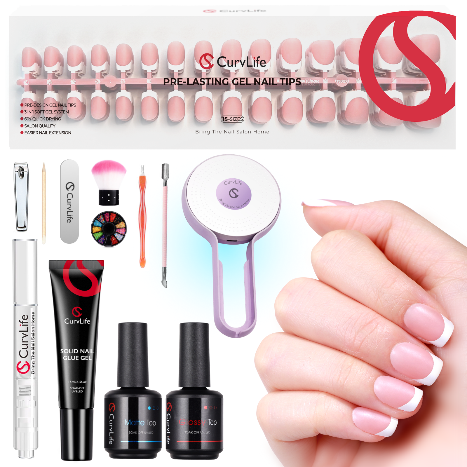 French Tip Kit -  Gel Top and Base Coat. UV Lamp Nails Glue Manicure press on nails